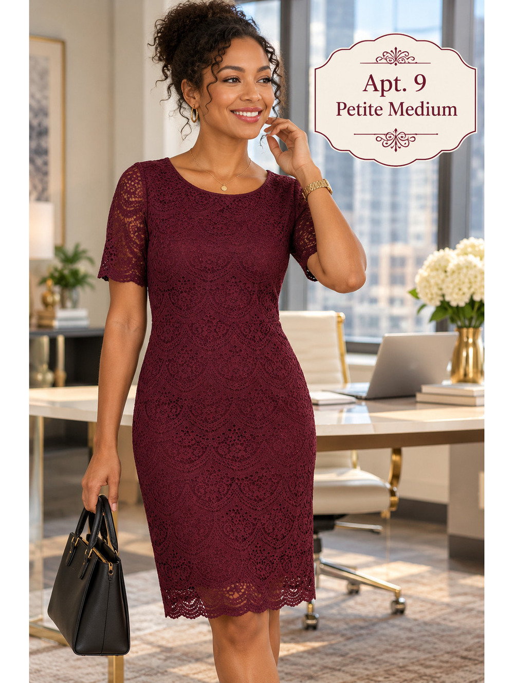 Apt. 9 | PM | Burgundy Scalloped Lace Short Sleeve Shift Dress
